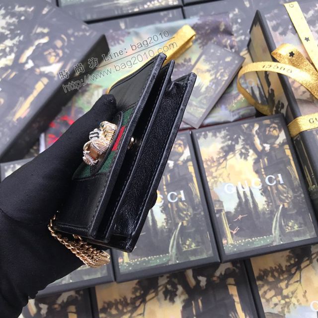 Gucci包 古馳卡包 573790黑全皮 2019新款復古皮革卡包 琺瑯虎頭五金 Gucci鏈條卡包  gudj1448